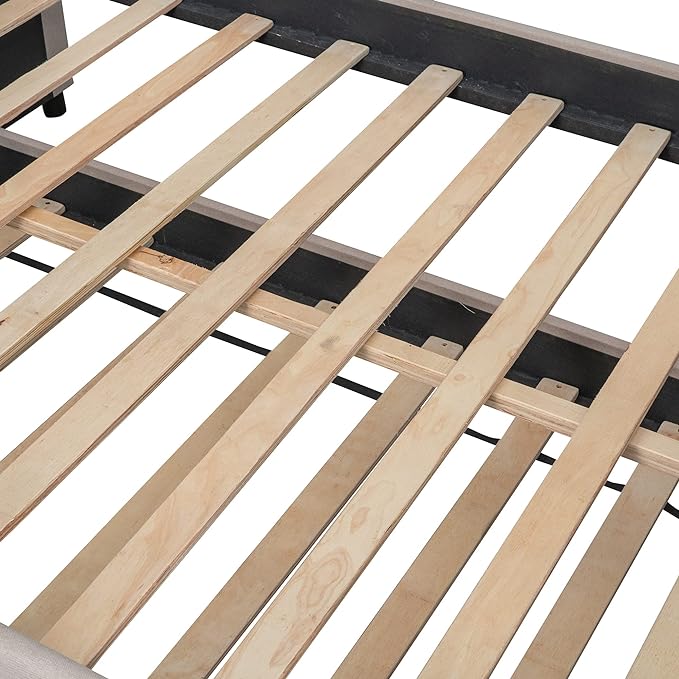 Full Size Upholstered Daybed with Twin Size Trundle, Wood Slat Support, Beige - LeafyLoom