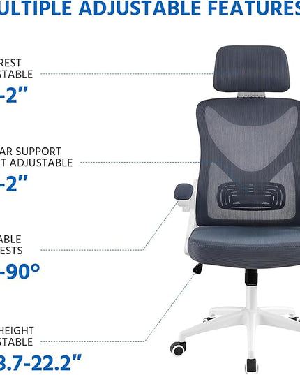 Yaheetech Ergonomic Mesh Office Chair, High Back Desk Chair with with flip-up Armrests, Adjustable Padded Headrest Computer Chair with Lumbar Support for Home Oiffce Game Room, White/Gray - LeafyLoom