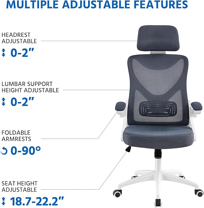 Yaheetech Ergonomic Mesh Office Chair, High Back Desk Chair with with flip-up Armrests, Adjustable Padded Headrest Computer Chair with Lumbar Support for Home Oiffce Game Room, White/Gray - LeafyLoom