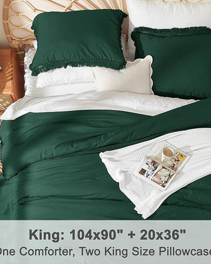 Litanika Comforter King Size Set Emerald Green, 3 Pieces Forest Green Boho Tassel Bed Comforter, All Season Oversized Bedding Comforter Sets (1 Comforter 104x90 inch, 2 Pillowcases) - LeafyLoom