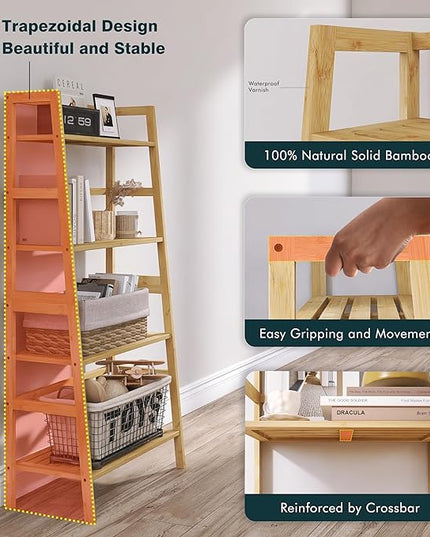 Ladder Shelf, 4-Tier Bookshelf, Bamboo Leaning Bookcase, Display Storage Rack Organizer, Freestanding Flower Plant Stand for Living Room, Home Office, Kitchen, Natural - LeafyLoom