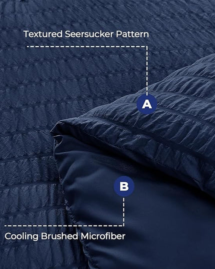 HYMOKEGE Seersucker Comforter Set Full Size 3 Pieces, Lightweight Comforter Sets for Bedding, Bed Set with 1 All Season Soft Down Alternative Comforter and 2 Pillow Shams, Navy Blue - LeafyLoom