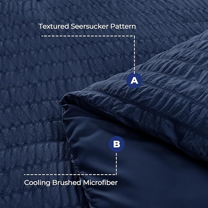 HYMOKEGE Seersucker Comforter Set Full Size 3 Pieces, Lightweight Comforter Sets for Bedding, Bed Set with 1 All Season Soft Down Alternative Comforter and 2 Pillow Shams, Navy Blue - LeafyLoom