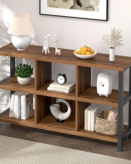 FOLUBAN 6 Cube Storage Organizer Bookshelf, Industrial Horizontal Low Cubby Bookcase for Living Room Bedroom (Rustic Walnut, 47 Inch) - LeafyLoom