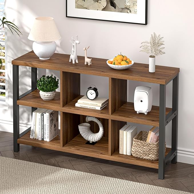 FOLUBAN 6 Cube Storage Organizer Bookshelf, Industrial Horizontal Low Cubby Bookcase for Living Room Bedroom (Rustic Walnut, 47 Inch) - LeafyLoom