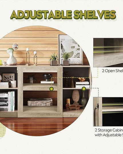WLIVE Retro TV Stand for 65 inch TV, TV Console Cabinet with Storage, Open Shelves Entertainment Center for Living Room and Bedroom, Greige - LeafyLoom