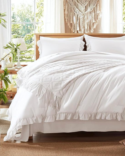 Anluoer Queen Comforter Set 7 Piece, White Bed in a Bag with Sheets, All Season Ruffle Shabby Chic Bedding Sets with 1 Comforter, 2 Pillow Shams, 2 Pillowcases, 1 Flat Sheet, 1 Fitted Sheet - LeafyLoom