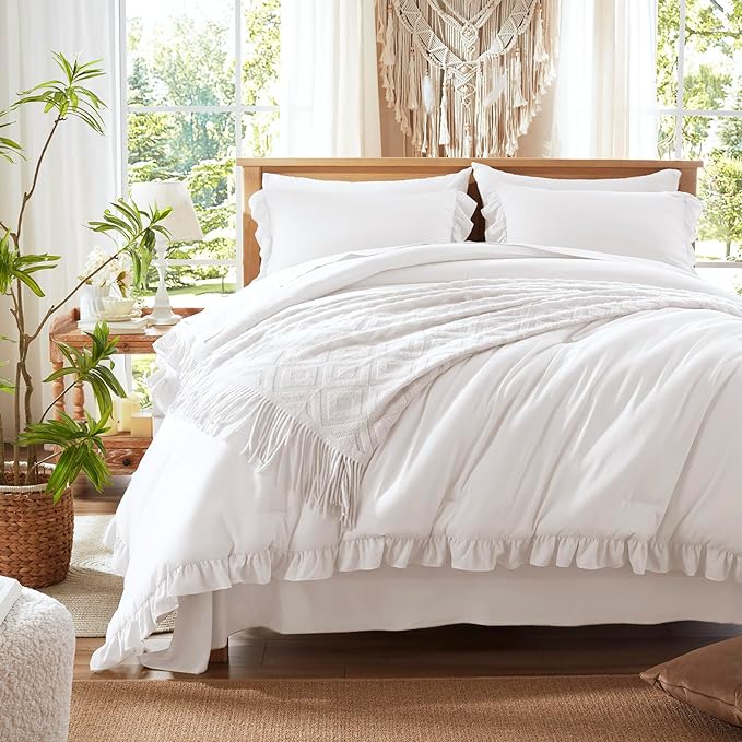 Anluoer Queen Comforter Set 7 Piece, White Bed in a Bag with Sheets, All Season Ruffle Shabby Chic Bedding Sets with 1 Comforter, 2 Pillow Shams, 2 Pillowcases, 1 Flat Sheet, 1 Fitted Sheet - LeafyLoom