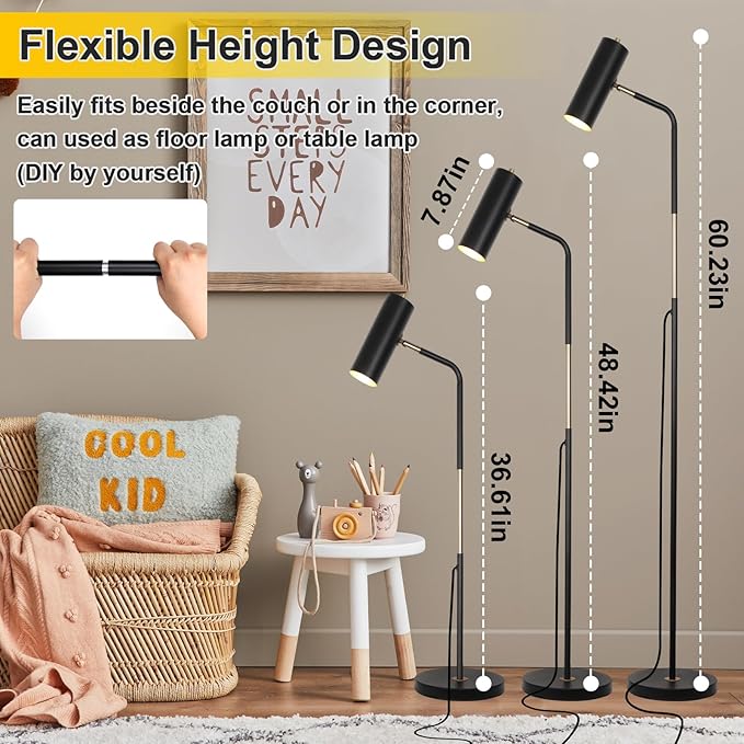 Floor Lamp, Industrial Floor Lamps for Living Rooms & Bedrooms - Rustic Farmhouse Reading Lamp Standing, Adjustable Metal Heads Indoor Task Lighting for Living Room Office Home Décor (Black-D01) - LeafyLoom