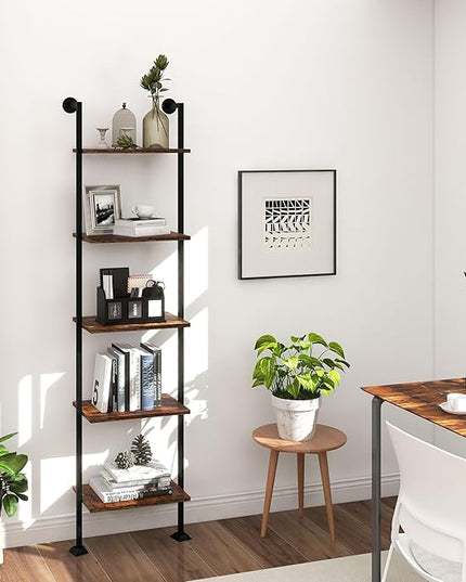 Axeman 5-Tier Ladder Shelf, Tall Narrow Bookcase for Small Spaces, Book Storage Organizer Case for Living Room, Home Office, Study, Industrial Style Black Metal Frame and Rustic Brown Shelf - LeafyLoom