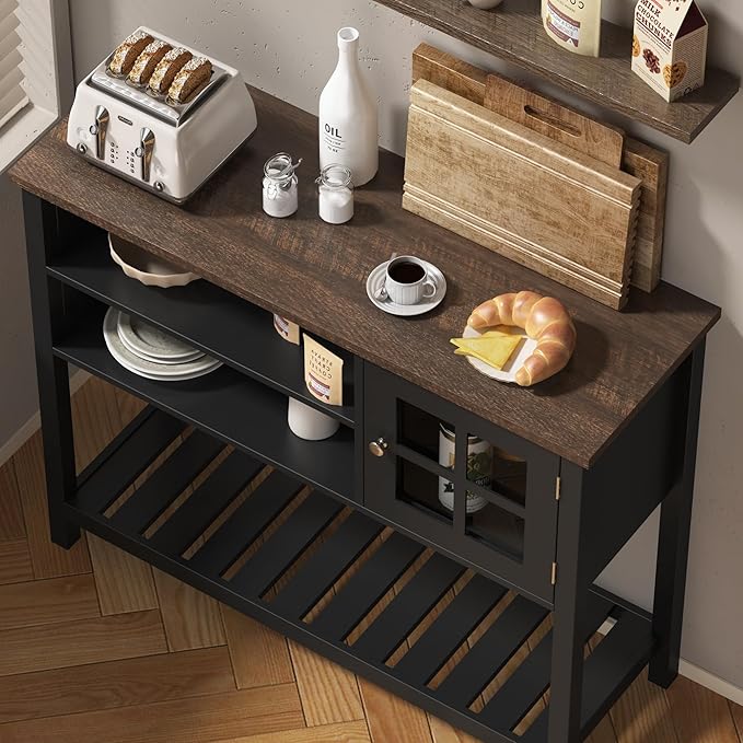 ChooChoo Farmhouse Coffee Bar Cabinet, Buffet Cabinet with Storage, Sideboard Buffet Cabinet with Glass Door, Console Table for Kitchen, Hallway, Entrance, Black - LeafyLoom