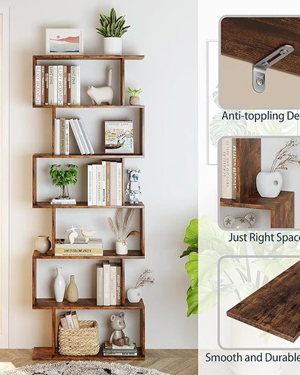 Yusong Geometric Bookcase, Bookshelf 6-Tier S Shaped Book Shelves for Bedroom, Modern Wood Decorative Display Shelf Tall Book Case for Home Office, Rustic Brown - LeafyLoom