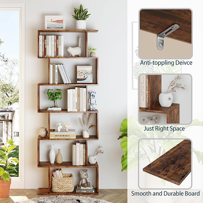 Yusong Geometric Bookcase, Bookshelf 6-Tier S Shaped Book Shelves for Bedroom, Modern Wood Decorative Display Shelf Tall Book Case for Home Office, Rustic Brown - LeafyLoom