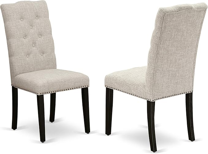 East West Furniture Antique 3 Piece Kitchen Set Contains a Round Dining Room Table with Pedestal and 2 Doeskin Linen Fabric Upholstered Chairs, 36x36 Inch, Wirebrushed Black - LeafyLoom