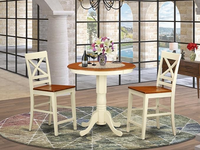 East West Furniture EDQU3-WHI-W Eden 3 Piece Counter Height Set Contains a Round Kitchen Table with Pedestal and 2 Dining Chairs, 30x30 Inch, Buttermilk & Cherry - LeafyLoom