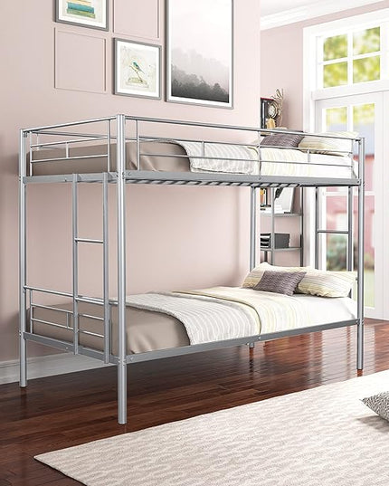 Metal Twin over Twin Bunk Bed,Heavy-duty Sturdy Metal-bed,Noise Reduced Design, 2 Side Ladders, Safety Guardrail,CPC Certified,No Box Spring Needed,Bedroom Furniture,Silver - LeafyLoom