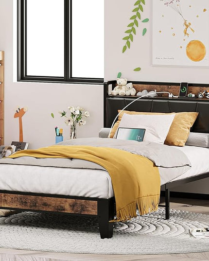 LIKIMIO Twin Bed Frame, Storage Headboard with Charging Station, Solid and Stable, Noise Free, No Box Spring Needed, Easy Assembly (Vintage and Black) - LeafyLoom