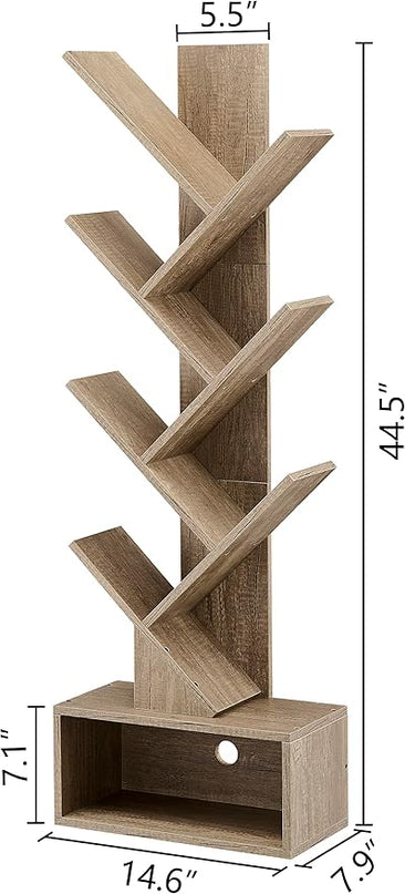 Hoctieon 6 Tier Tree Bookshelf, Tall Bookcase with Drawer, Freestanding Book shelf, Display Floor Standing Storage Shelf, Book Organizer Shelves for Home Office, Living Room, Bedroom, Greige - LeafyLoom