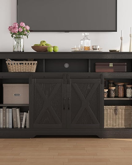 Farmhouse TV Stand for 23" Fireplace, 34'' Tall Entertainment Center for 65+ Inch TV, Rustic TV Console with Sliding Bar Door for Living Room (Black) - LeafyLoom