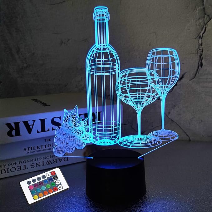 FULLOSUN Wine Bottle 3D Illusion Lamp, Bar Decoration Gifts Night Light for Xmas Holiday Birthday Gifts for Bar Shop Decor with Remote Control 16 Colors Changing + 4 Changing Mode + Dim Function - LeafyLoom