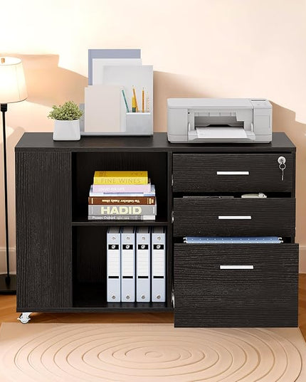 YITAHOME File Cabinet, Mobile Lateral Filing Cabinet with Lock for Home Office, Printer Stand with Open Storage Shelf, Fits A4, Letter, Legal Size Files, Office Furniture, Black - LeafyLoom