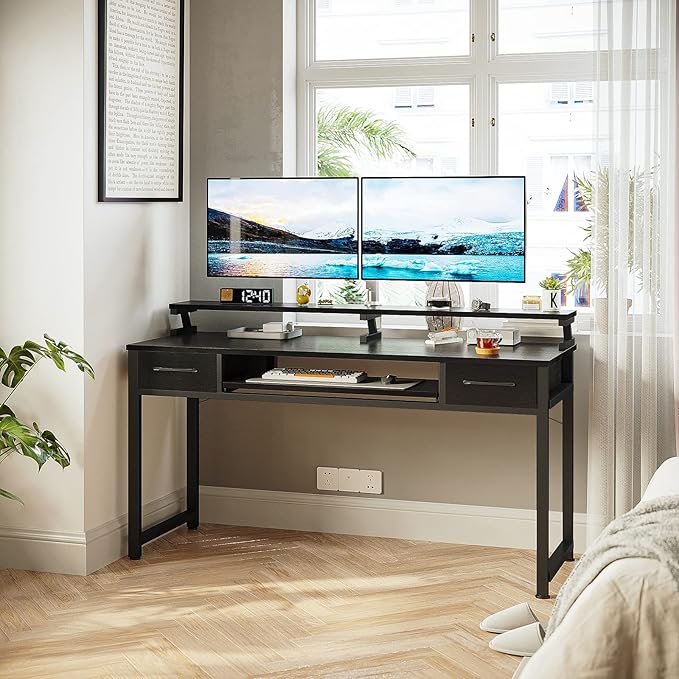 ODK Computer Desk Study Table, 55 Inch Office Desk with Drawers and Keyboard Tray, Study Desk Work Desk with Monitor Shelf, Writing Desk with Storage for Home Office, Black - LeafyLoom