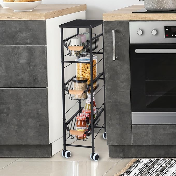 Slim Storage Cart, 4-Tier Narrow Rolling Cart，with Pull-Out Iron Basket, Sturdy Slim Storage Cabinet Iron and Wood Combination，Ideal for Kitchen, Bathroom, and Laundry Room, Black - LeafyLoom