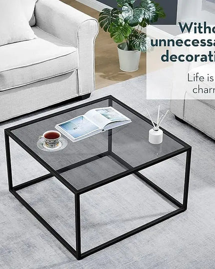 SAYGOER Glass Coffee Table, Small Modern Coffee Table Square Simple Center Tables for Living Room 26.7 x 26.7 x 15.7 Inches, Gray Black - LeafyLoom