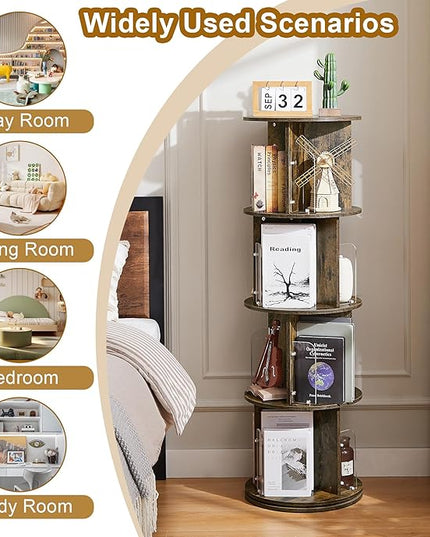 VECELO 4 Tier Revolving Bookshelf Tower, 360° Display Floor Standing Storage Rack with Acrylic Visible Window Partition for Bedroom, Living Room Home and Office, Brown - LeafyLoom