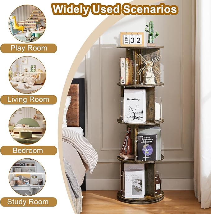 VECELO 4 Tier Revolving Bookshelf Tower, 360° Display Floor Standing Storage Rack with Acrylic Visible Window Partition for Bedroom, Living Room Home and Office, Brown - LeafyLoom