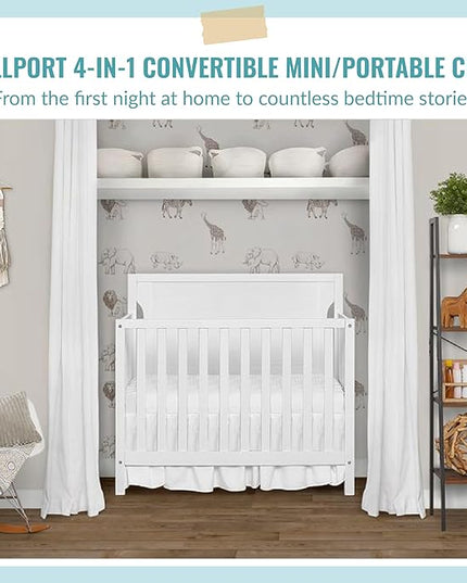 Bellport 4 in 1 Convertible Mini/Portable Crib In White, Non-Toxic Finish, Made of Sustainable New Zealand Pinewood, With 3 Mattress Height Settings - LeafyLoom