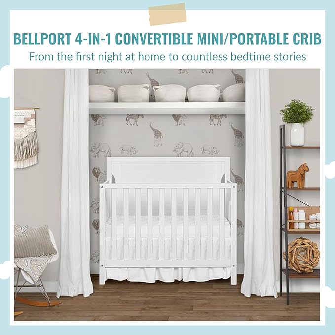 Bellport 4 in 1 Convertible Mini/Portable Crib In White, Non-Toxic Finish, Made of Sustainable New Zealand Pinewood, With 3 Mattress Height Settings - LeafyLoom