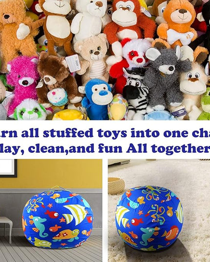 Stuffed Animal Storage Bean Bag Chairs Toy Storage Organizer Bean Bags Chair Cover for Kids 24" Cotton Canvas Beanbag with Zipper for Organizing Kid's and Adults Room, (Blue sea world, 24" x 1) - LeafyLoom