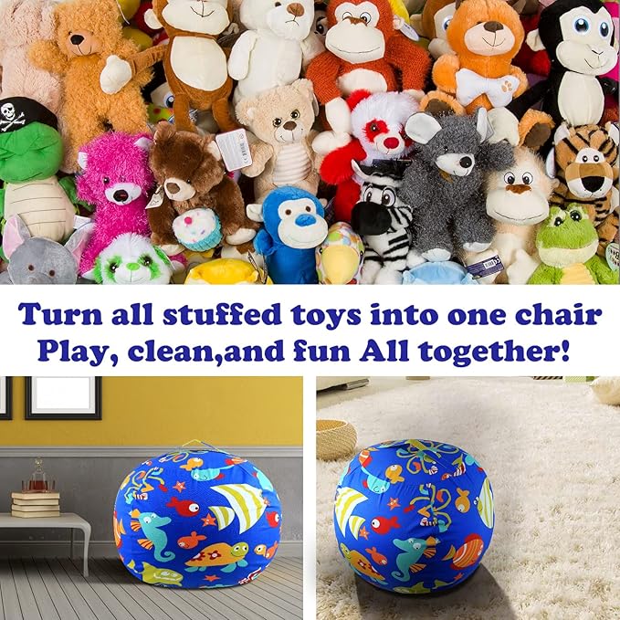 Stuffed Animal Storage Bean Bag Chairs Toy Storage Organizer Bean Bags Chair Cover for Kids 24" Cotton Canvas Beanbag with Zipper for Organizing Kid's and Adults Room, (Blue sea world, 24" x 1) - LeafyLoom