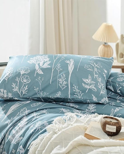JANZAA Queen Comforter Set Floral Comforter Sets Queen Size Bedding Set Mineral Blue Comforter for All Season with 2 Pillow Shams Cute and Comfortable - LeafyLoom