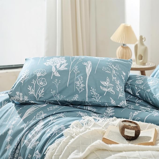 JANZAA Queen Comforter Set Floral Comforter Sets Queen Size Bedding Set Mineral Blue Comforter for All Season with 2 Pillow Shams Cute and Comfortable - LeafyLoom