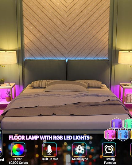 LED Floor Lamp with Table, Side Table with LED Light and Power Outlet, Nightstand with Lamp, End Table with Lamp Attached for Living Room, Bedroom, USB Ports, Bulb Included, White - LeafyLoom