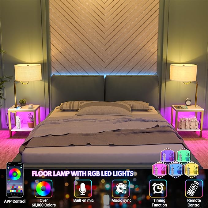 LED Floor Lamp with Table, Side Table with LED Light and Power Outlet, Nightstand with Lamp, End Table with Lamp Attached for Living Room, Bedroom, USB Ports, Bulb Included, White, 2 Pack - LeafyLoom