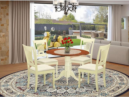 East West Furniture Dublin 5 Piece Dinette Set for 4 Includes a Round Table with Dropleaf and 4 Linen Fabric Dining Room Chairs, 42x42 Inch, Buttermilk & Cherry - LeafyLoom