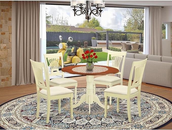 East West Furniture Dublin 5 Piece Dinette Set for 4 Includes a Round Table with Dropleaf and 4 Linen Fabric Dining Room Chairs, 42x42 Inch, Buttermilk & Cherry - LeafyLoom