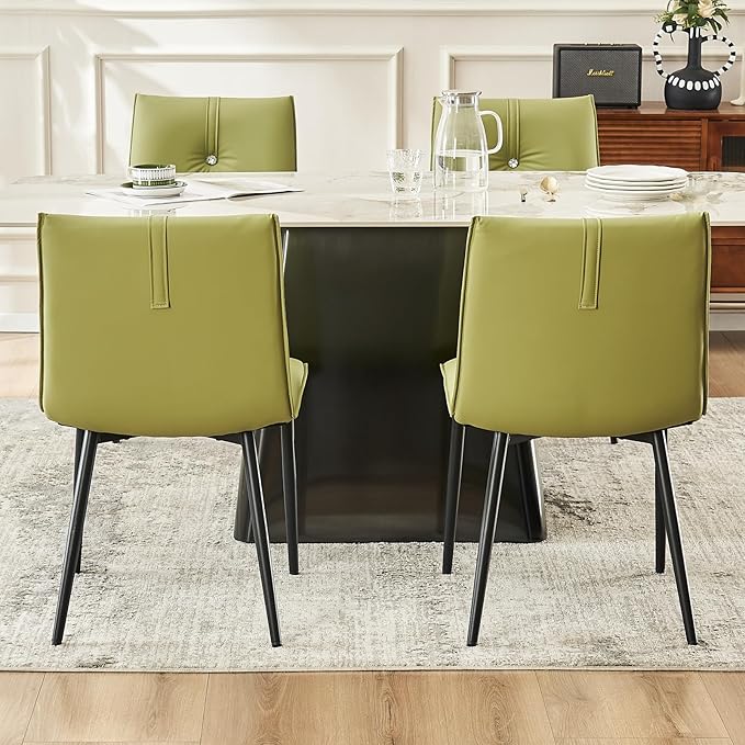 YOUTASTE Dining Chairs Set of 2 Mid Century Modern Upholstered Leather Kitchen Chairs Soft Padded Side Chairs Dinner Chairs with Metal Legs for Living Room Bedroom, Avocado Green - LeafyLoom