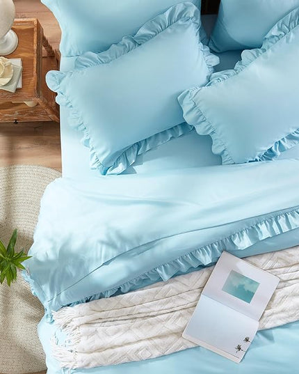 Anluoer Queen Comforter Set 7 Piece, Blue Bed in a Bag with Sheets, All Season Ruffle Shabby Chic Bedding Sets with 1 Comforter, 2 Pillow Shams, 2 Pillowcases, 1 Flat Sheet, 1 Fitted Sheet - LeafyLoom
