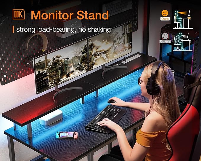 ODK 48 inch Gaming Desk with LED Lights & Power Outlets, Computer Desk with Monitor Stand & Storage Sheves, CPU Stand, Home Office Desk, Black - LeafyLoom