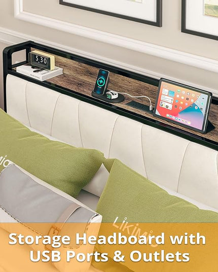 LIKIMIO Full Size Bed Frame, Storage Headboard with Charging Station, Solid and Stable, Noise Free, No Box Spring Needed, Easy Assembly (Walnut and Beige) - LeafyLoom