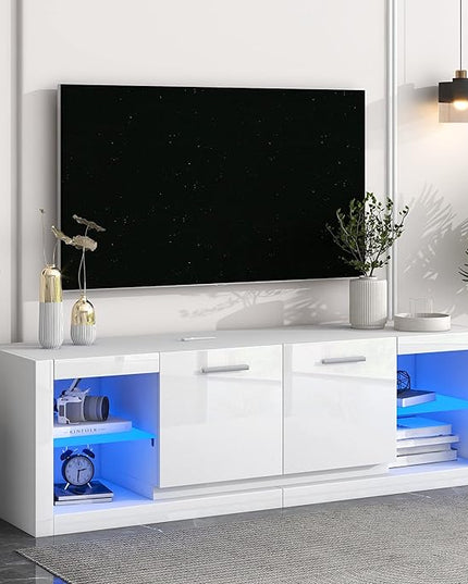 Merax Modern LED TV Stand with 2 Tempered Glass Shelves, High Gloss Entertainment Center for Televisions Up to 70”, Elegant Storage Cabinet with Color Changing Lights for Living Room, White - LeafyLoom