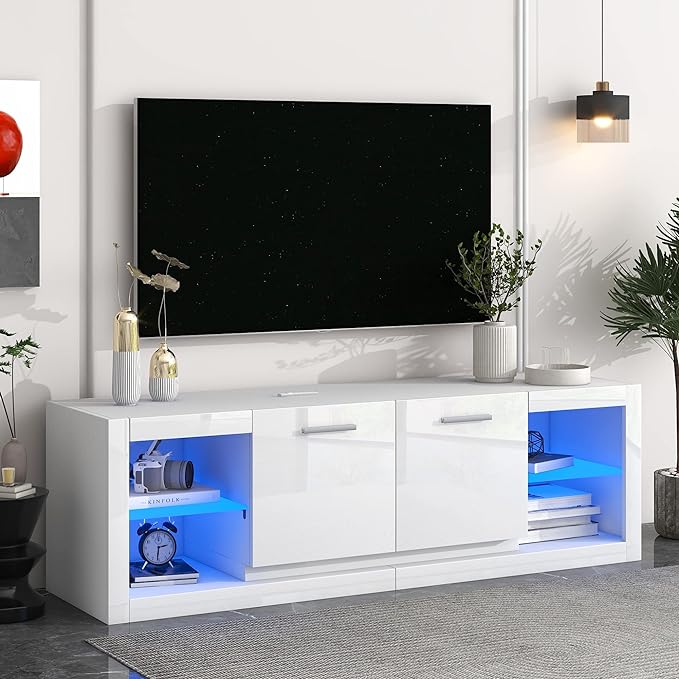 Merax Modern LED TV Stand with 2 Tempered Glass Shelves, High Gloss Entertainment Center for Televisions Up to 70”, Elegant Storage Cabinet with Color Changing Lights for Living Room, White - LeafyLoom