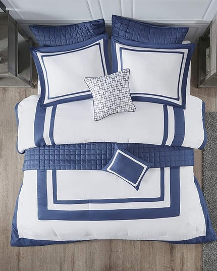 Madison Park Heritage Comforter Quilt Combo Set - Modern Luxury Design, All Season Down Alternative Bedding, Matching Shams, Decorative Pillows, King/Cal King(104"x92"), Color Block Navy 8 Piece - LeafyLoom