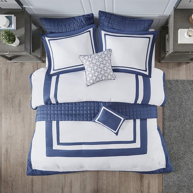 Madison Park Heritage Comforter Quilt Combo Set - Modern Luxury Design, All Season Down Alternative Bedding, Matching Shams, Decorative Pillows, King/Cal King(104"x92"), Color Block Navy 8 Piece - LeafyLoom