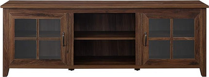 Walker Edison Portsmouth Classic 2 Glass Door Stand for TVs up to 80 Inches, 70 Inch, Dark Walnut - LeafyLoom