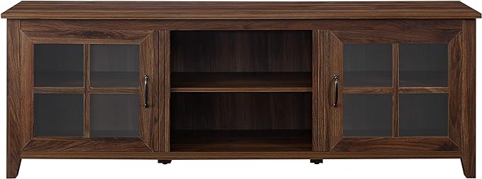 Walker Edison Portsmouth Classic 2 Glass Door Stand for TVs up to 80 Inches, 70 Inch, Dark Walnut - LeafyLoom